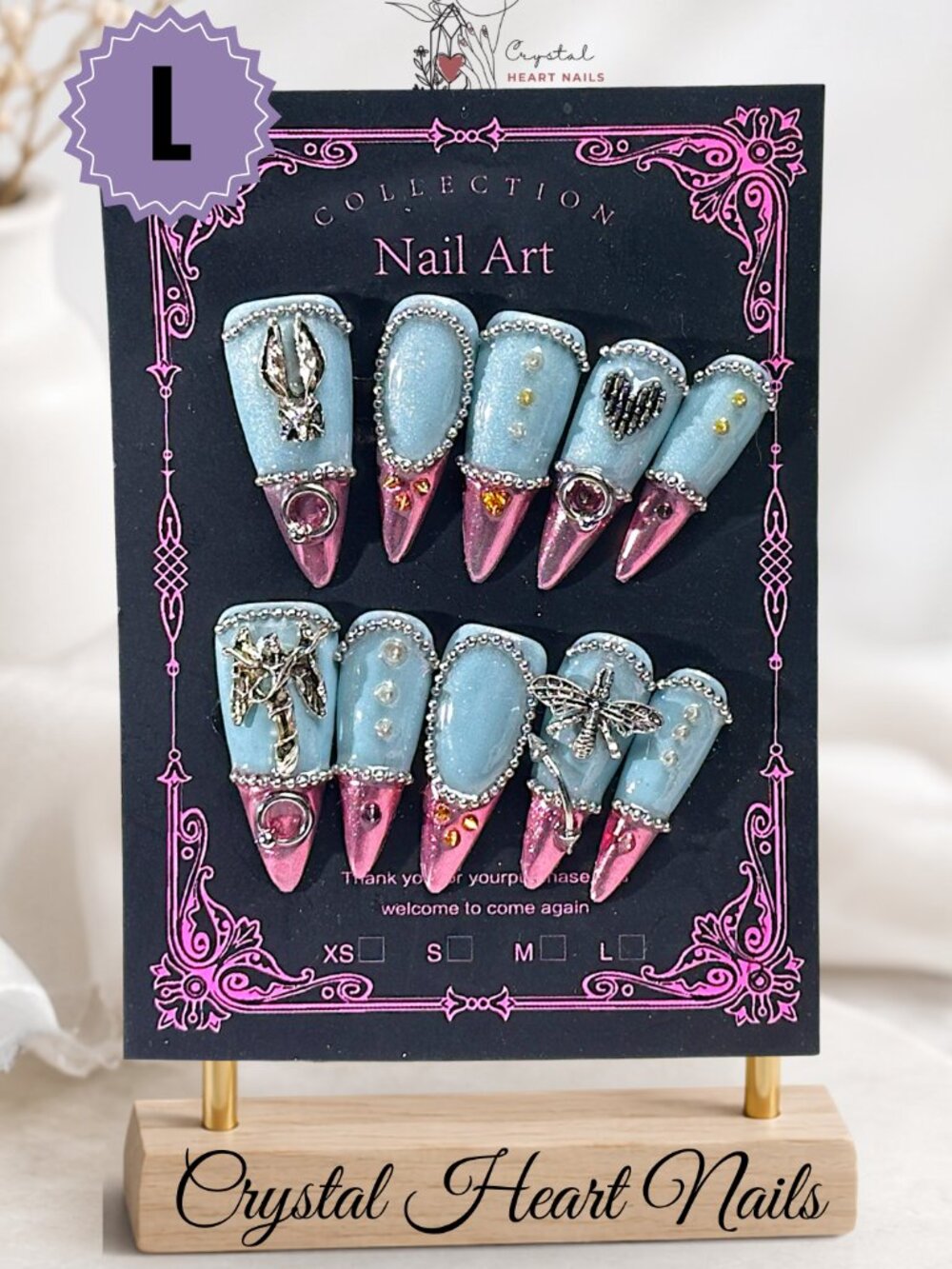 Unique Blue & Pink Butterfly Stiletto Press-On Nails – Large Stiletto